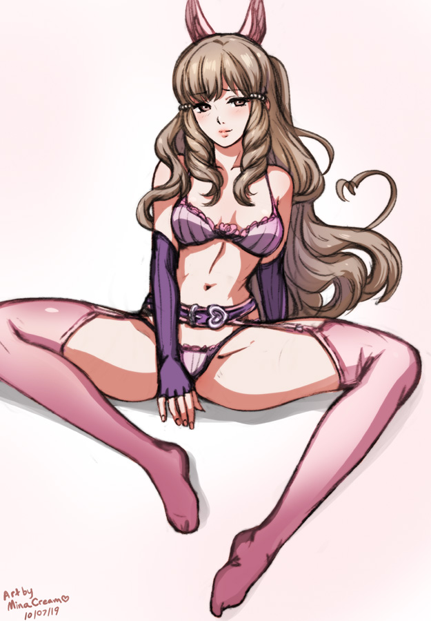 1girls, artist name, belt, bra, breasts, brown eyes, brown hair, closed mouth, commentary, dated, elbow gloves, female, female only, fingerless gloves, fire emblem, fire emblem awakening, full body, gloves, hair ornament, lingerie, long hair, minacream, nintendo, panties, pink panties, pink underwear, simple background, sitting, small breasts, solo, spread legs, sumia (fire emblem), symbol commentary, thighs, underwear