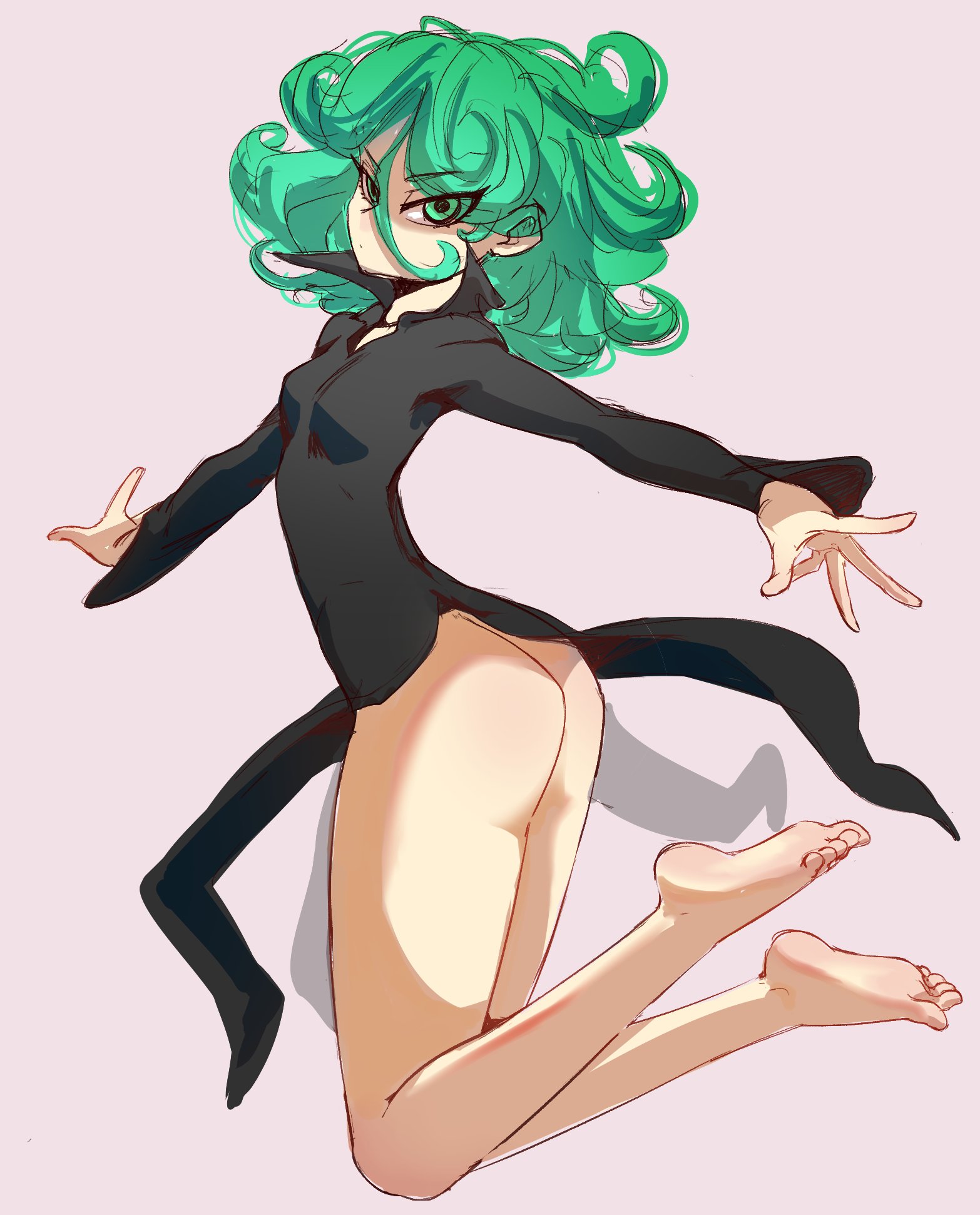 1girls, 2020, ass, bard-bot, barefoot, bottomless, dress, feet, female, female only, flying, green eyes, green hair, hair, looking at viewer, one-punch man, plain background, shadow, sketch, soles, solo, tatsumaki, toes