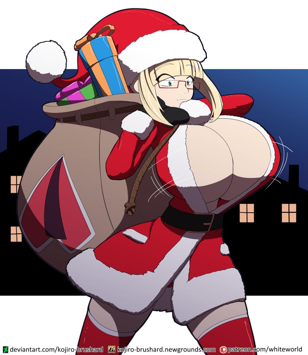 big_breasts blonde_hair christmas cleavage exposed glasses kojiro-brushard santa_costume santa_hat thighhighs