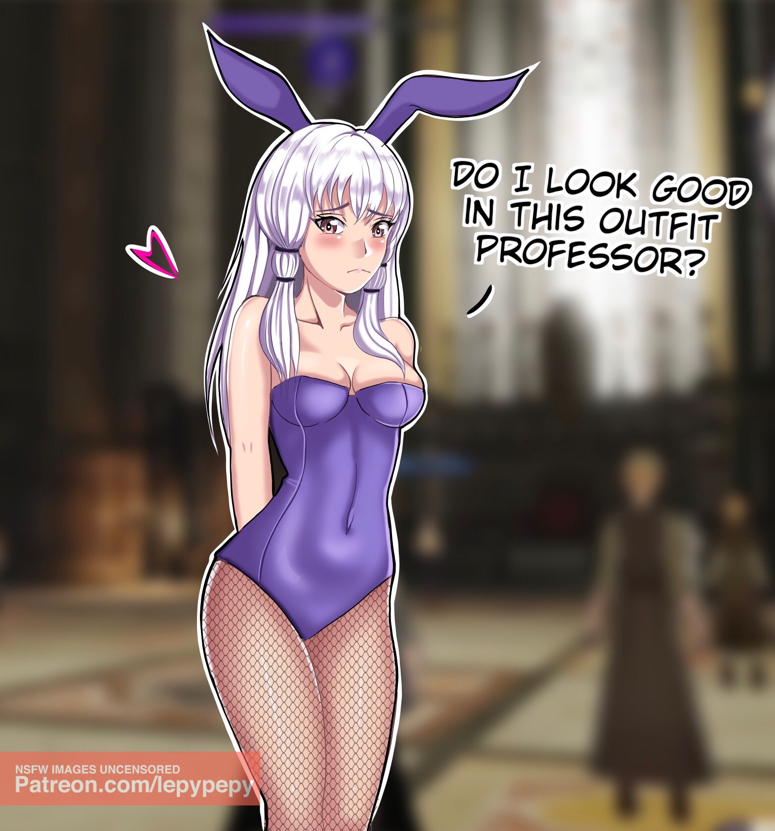 1girls, bare arms, bare shoulders, blush, breasts, bunny ears, bunny girl, bunnysuit, female, female only, fire emblem, fire emblem: three houses, fishnets, heart-shaped pupils, lepypepy, long hair, lysithea von ordelia, nintendo, pink eyes, small breasts, solo, text, white hair