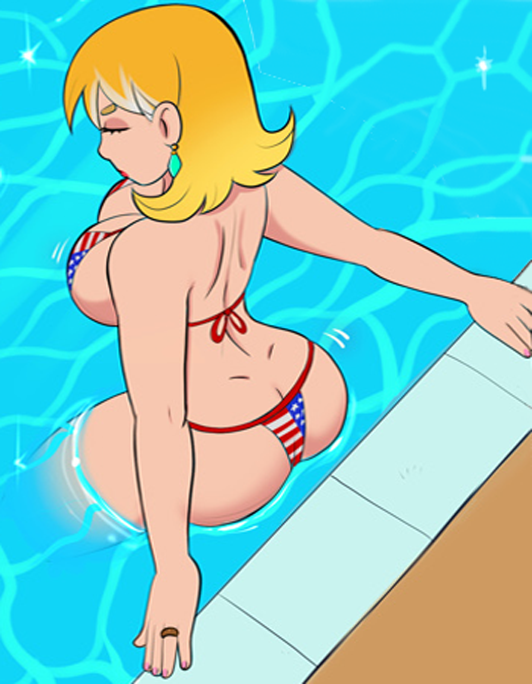 1girls american_flag_bikini ass ass_cleavage big_ass big_breasts bikini blonde_hair breasts busty butt_crack closed_eyes female female_only from_above huge_ass huge_breasts large_breasts makeup original_character pool red_lipstick ring shadman solo third-party_edit voluptuous water