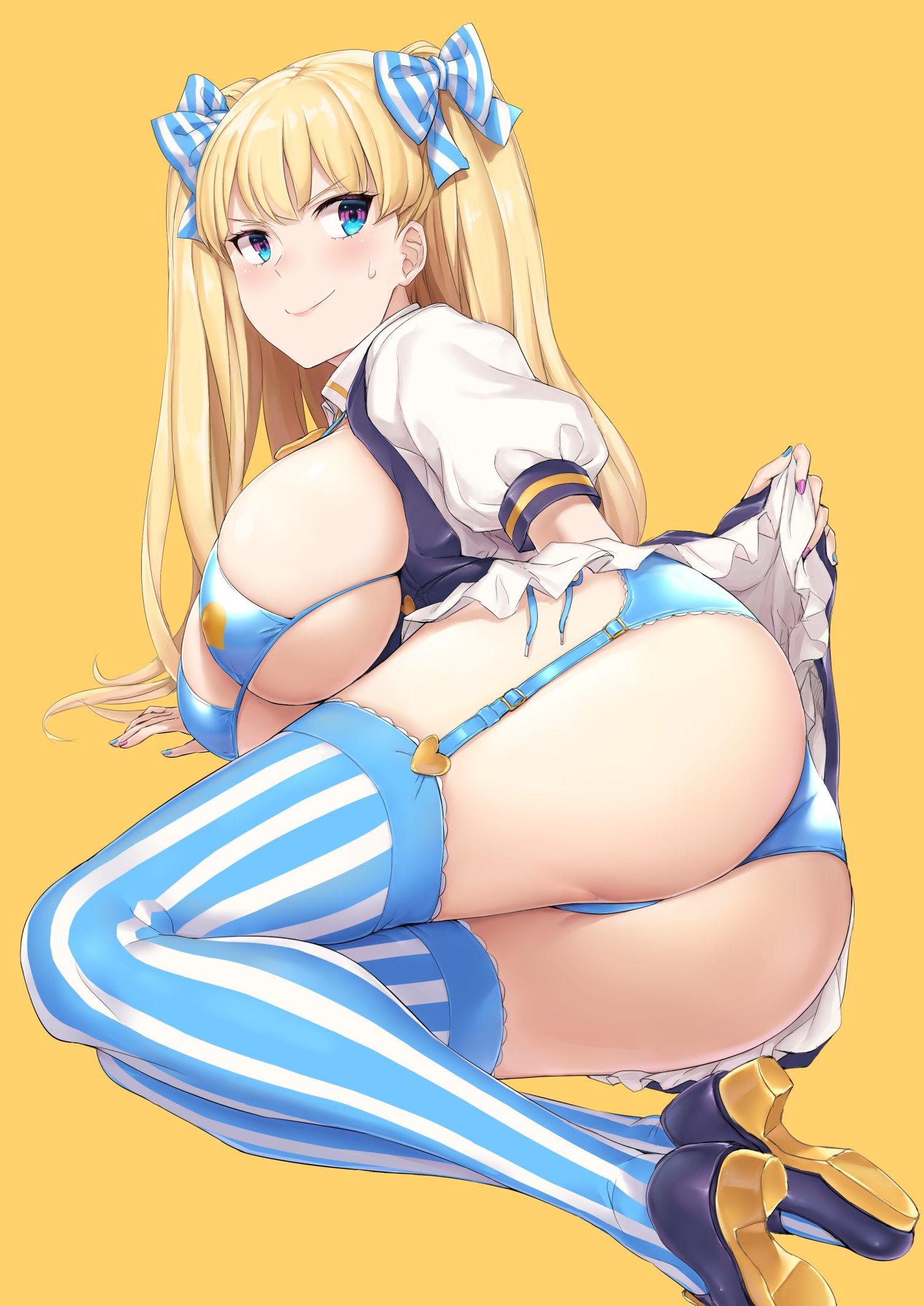 1girls, akita hika, ass, bangs, big breasts, bikini, bikini top, blonde hair, blue bikini, blue eyes, blue legwear, blue panties, blush, bow, breasts, cleavage, closed mouth, dress, embarrassed, female, female only, hairbow, heels, high heels, highres, huge ass, large breasts, legs, light skin, light-skinned female, lina bell roll (michihasu), long hair, looking at viewer, lying, nail polish, on side, orange background, original, original character, panties, puffy short sleeves, puffy sleeves, short sleeves, simple background, smile, solo, solo female, striped, striped legwear, sweat, swimsuit, thick thighs, thighs, two side up, underwear