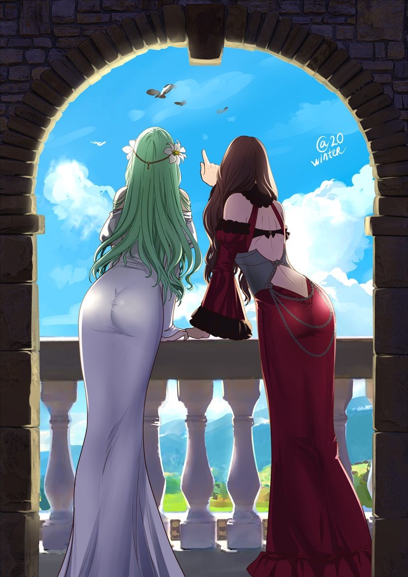 2girls artist_request ass ass_visible_through_torn_clothes autumn_sacura autumnsacura back back_view brown_hair curvaceous dorothea_arnault female_only fire_emblem fire_emblem:_three_houses flower_in_hair green_hair hips nintendo post-timeskip rhea_(fire_emblem) source_request tight_clothing