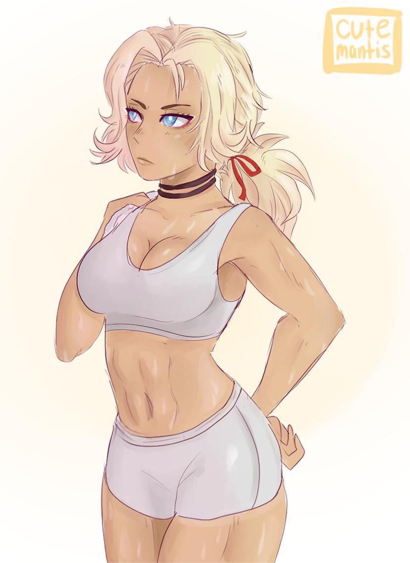 1girls, 2020, 2d, 2d (artwork), abs, adult female, artist name, athletic, athletic female, big breasts, blonde hair, blue eyes, breasts, catherine (fire emblem), choker, cleavage, clothing, colored background, cute mantis, dark skin, dark-skinned female, exposed belly, female, female only, fire emblem, fire emblem: three houses, fit, fit female, gym shorts, hand on hip, human, human only, looking away, medium hair, nintendo, ponytail, questionable, shiny skin, shorts, simple background, solo, solo female, sweat, sweatdrop, tank top, thick thighs, thighs, tomboy, towel, watermark, white shorts, white tank top