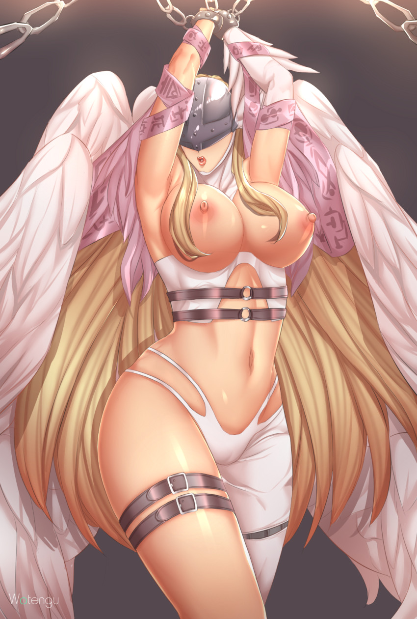 1girls angel angel_wings angewomon areola arms_up asymmetrical_clothes belt blonde_hair bodysuit bondage breasts cameltoe chained_up chained_wrists chains covered_eyes digimon digimon_adventure elbow_gloves erect_nipples feathered_wings female female_only gloves head_wings helmet highres large_breasts lipstick long_hair multi_wing multiple_belts nipples open_mouth plain_background shiny_skin single_elbow_glove single_pantsleg skintight solo thick_thighs thigh_strap thighs white_bodysuit white_gloves white_wings wings wotengu