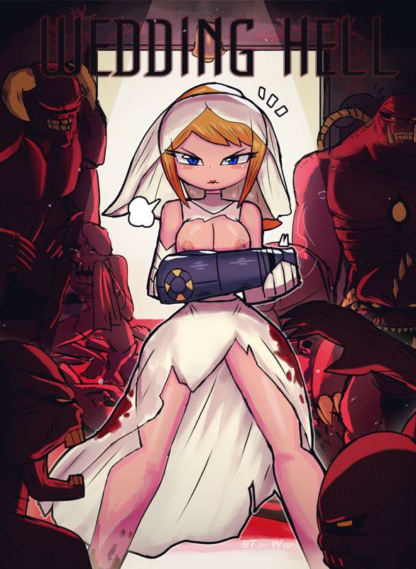 arm_cannon baron_of_hell_(doom) blonde_hair blood blood_stain blue_eyes doom exposed_breasts female fighting mancubus_(doom) metroid microsoft nintendo pinky_(doom) samus_aran tony_welt torn_clothes torn_clothing wedding_dress wedding_veil