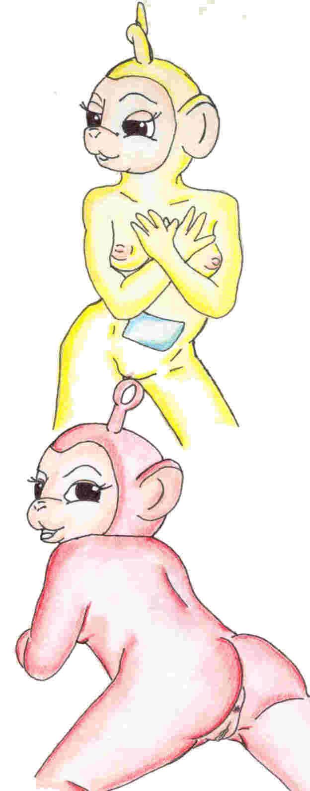 2girls bent_over breasts duo female female_only from_behind laa-laa looking_back multiple_girls po_(teletubbies) presenting presenting_hindquarters pussy teletubbies white_background