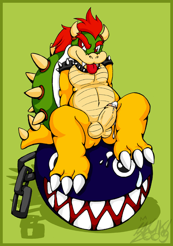 2009 balls bowser chain_chomp cum erection green_shell horns humanoid_penis inuki koopa male male_only mario_(series) nintendo nude penis reptile scalie shell sitting solo spiky_shell straight_hair tongue tongue_out