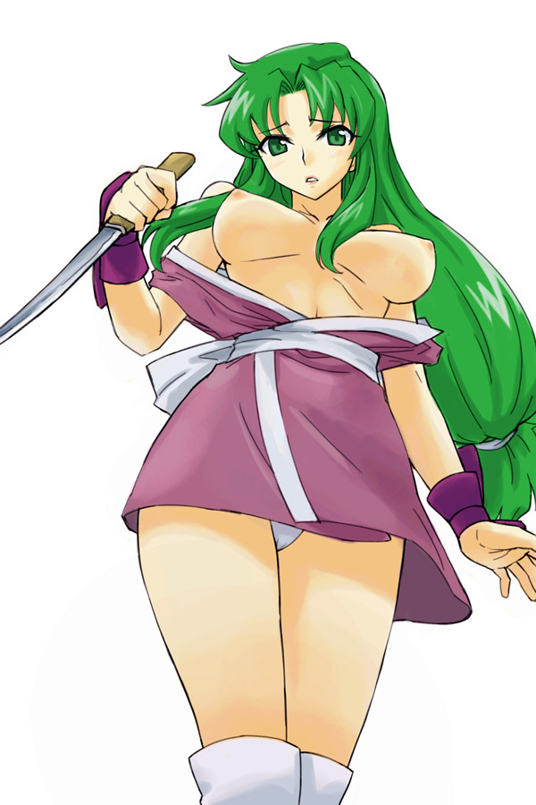 ganbare_goemon green_eyes green_hair long_hair michael_f91 ninja nipples open_clothes open_shirt panties shirt simple_background underwear yae_(ganbare_goemon)