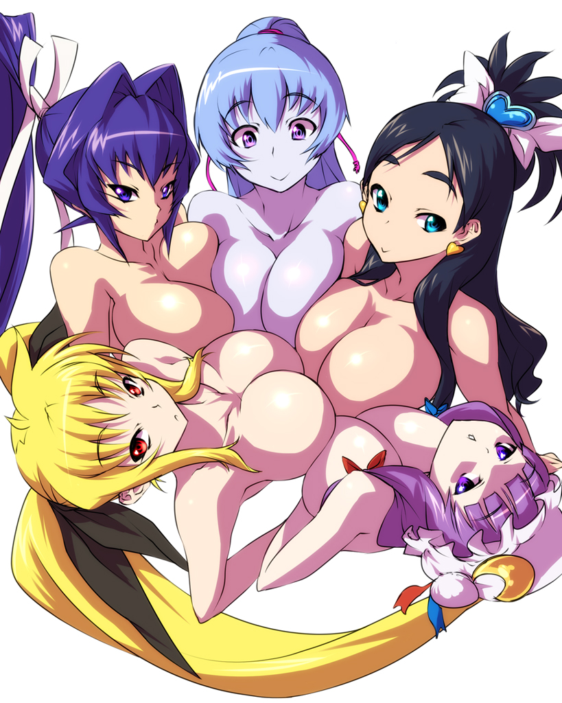 5girls :> :< aoi_(gegege_no_kitarou) blue_hair blue_skin bow breast_press breasts crossover cure_white fate_testarossa female futari_wa_precure futari_wa_pretty_cure gegege_no_kitarou hair_intakes honoka_yukishiro huge_breasts humanoid large_breasts lyrical_nanoha magical_girl mahou_shoujo_lyrical_nanoha mitsurugi_meiya multiple_girls muv-luv nekomamire nude patchouli_knowledge precure pretty_cure symmetrical_docking topless touhou yokai yuki_onna yukishiro_honoka