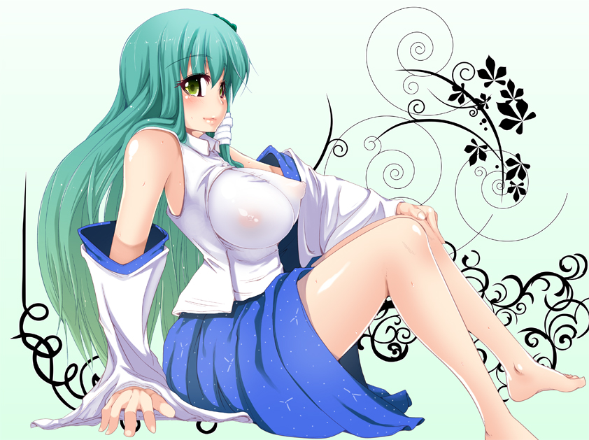 aqua_hair areola areolae arm_support bare_shoulders barefoot blush breasts detached_sleeves feet female female_only green_eyes huge_breasts human large_breasts long_hair nipples oboroduki oborozuki rougetsu_(eclipse) sanae_kochiya see-through sitting solo touhou