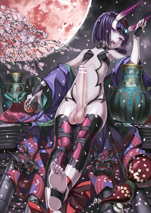 big_penis big_testicles dark_hair edit fate_(series) front_view futa_only futanari honjou_raita huge_cock looking_at_viewer moon oni penis purple_hair shuten_douji_(fate) small_breasts smile teeth testicles