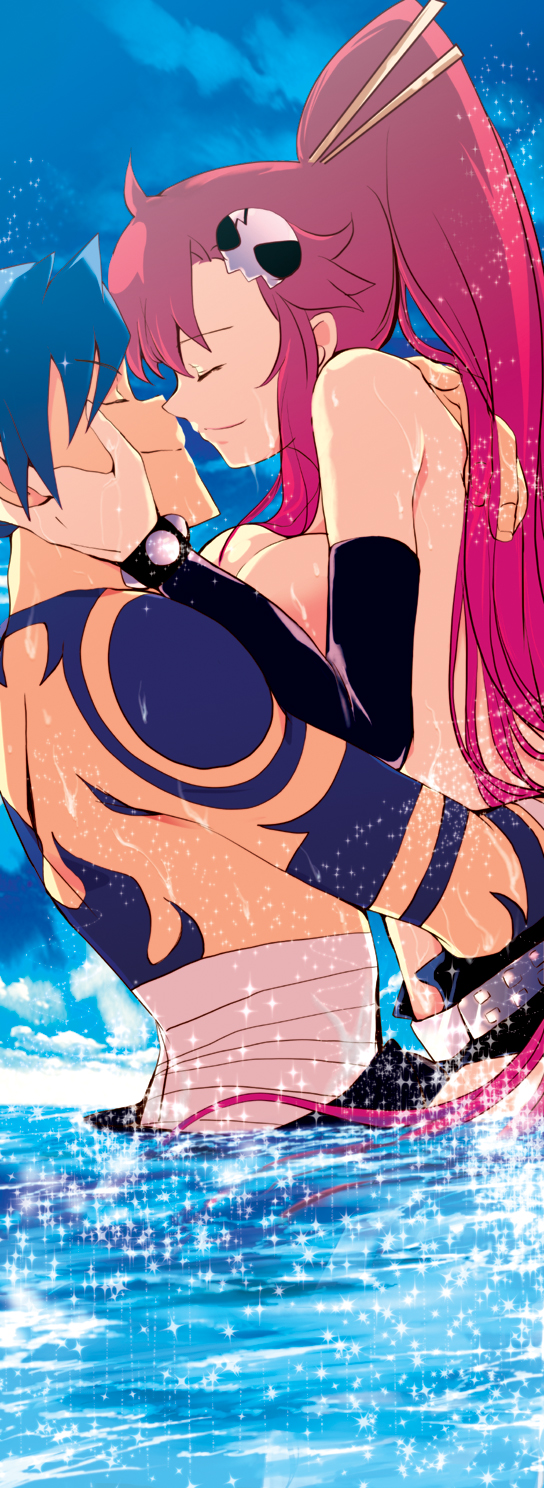 bandage bandages belt blue_hair bodypaint breast_press breasts breasts_on_chest closed_eyes couple female fingerless_gloves gloves hair_ornament highres hold holding kamina long_hair nipples ponytail red_hair romantic sarashi shorts soyoking sparkle straight tattoo tengen_toppa_gurren-lagann tengen_toppa_gurren_lagann tied_hair topless water wet yoko_littner