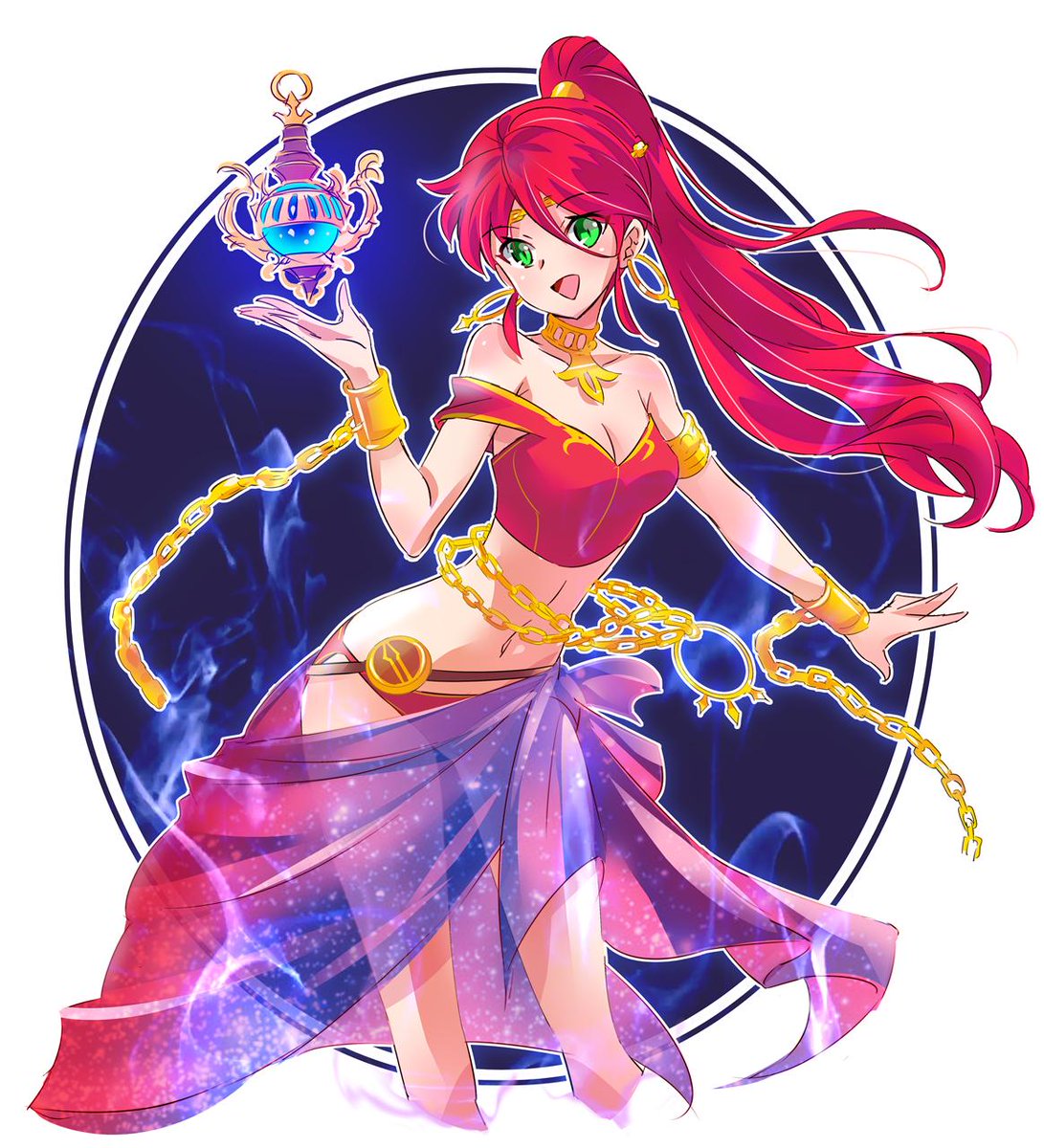 belly, belly chain, bikini bottom, bondage, breasts, chains, detailed background, earrings, female, female only, genie, gold jewelry, golden chains, green eyes, happy, medium breasts, open clothes, open mouth, open smile, pyrrha nikos, red hair, relic of knowledge, rwby, sarong, slave, white skin