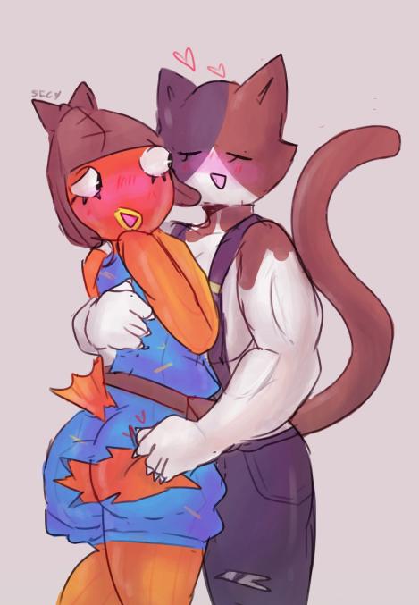 anthro ass blush breasts calico_cat cat_tail epic_games feline female fish fish_tail fishstick fishstick_(fortnite) fortnite genderswap genderswap_(mtf) grabbing_ass grabbing_from_behind male male/female meowscles_(fortnite) ripped_clothing rule_63 sfc tagme tail tailfin thick_thighs