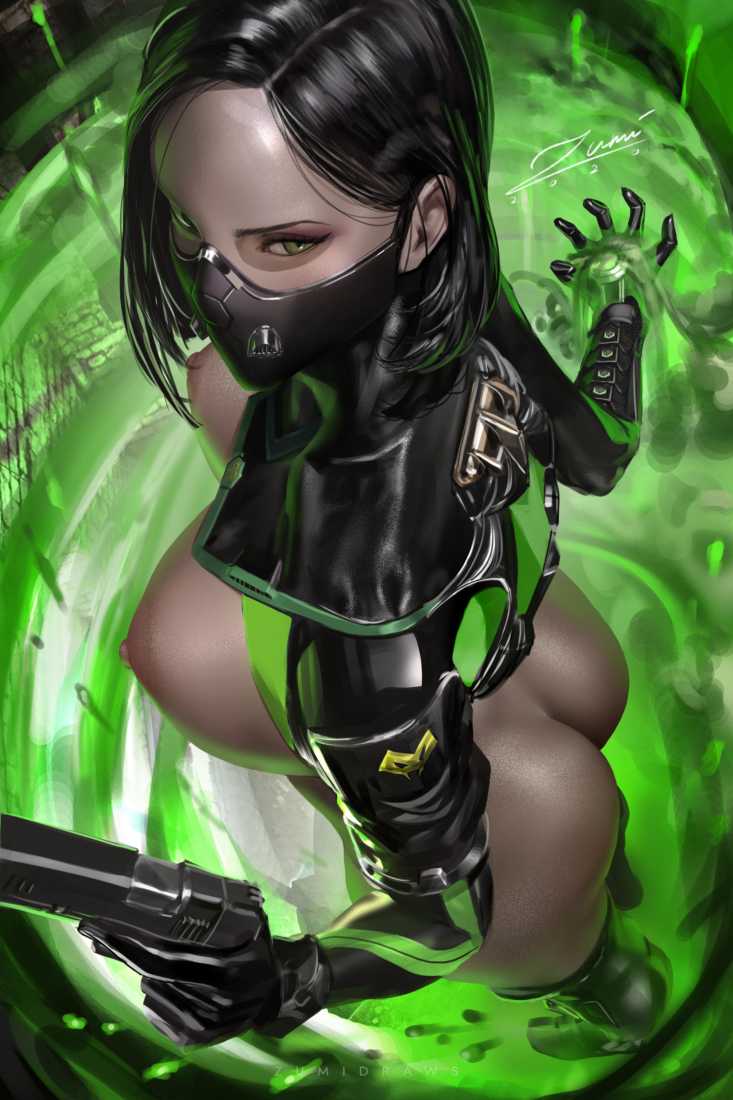 1girls, areolae, ass, big ass, bodysuit, breasts, female, female only, mask, nipples, solo, valorant, video game character, viper (valorant), zumi