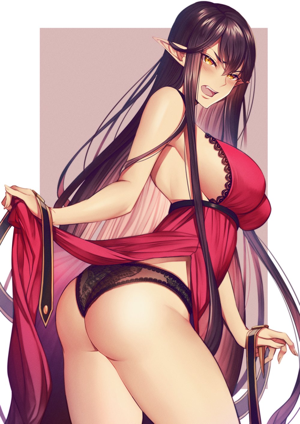 1girls ass ass_focus big_breasts black_eyebrows black_hair black_lace_panties black_lingerie black_panties blush breasts busty color dress dress_lift elf_ears embarrassed eyebrows eyebrows_visible_through_hair eyelashes eyelashes_visible_through_hair facing_to_the_side fang fate/grand_order fate_(series) frown gold_eyes lace-trimmed_dress lace-trimmed_lingerie lace-trimmed_panties lace_panties lace_trim legs legs_together lingerie long_hair looking_at_viewer mijajure negligee nightgown open_eyes open_mouth panties pointy_ears red_lingerie red_negligee semiramis_(fate) side_view sideboob straight_hair teeth thighs upper_teeth