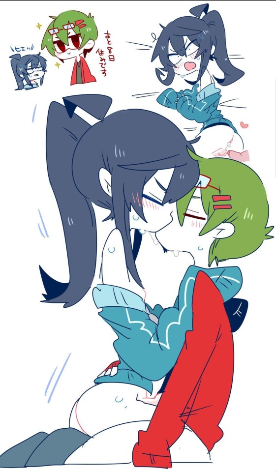 2boys anal black_hair blush bottomless character_request cum cum_in_ass femboy gay glasses green_hair hair_pin hand_on_ass japanese_text kissing long_hair op_u_na penis ponytail surprised sweat yaoi zense-kun