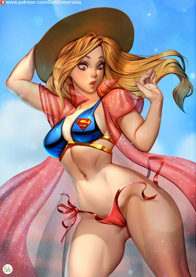 belly, bikini, blonde hair, blue eyes, breasts, dc, dc comics, didi esmeralda, female, female only, hat, medium breasts, side-tie bikini, signature, supergirl, superman (series), text, wardrobe malfunction
