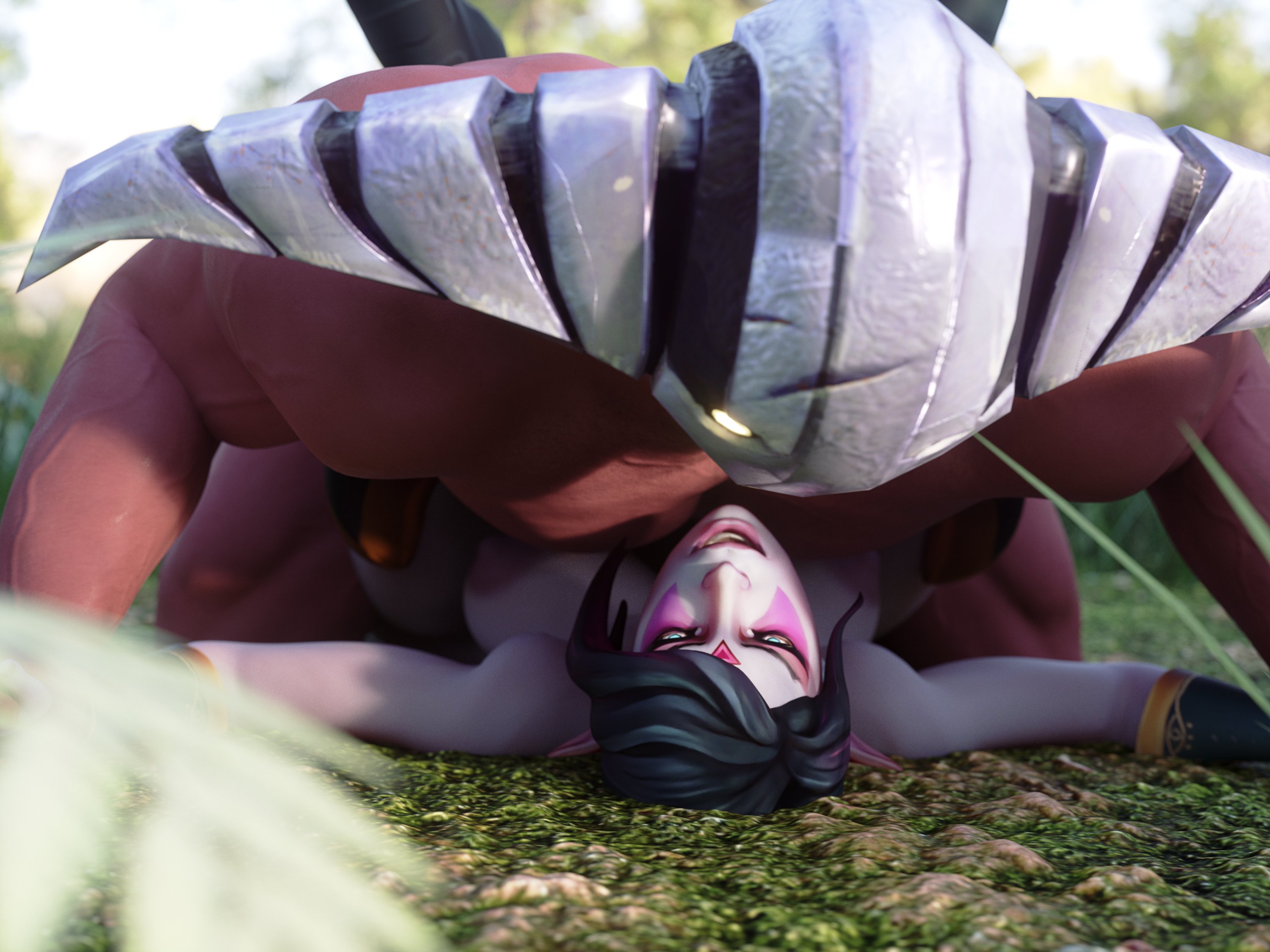1boy, 1girls, 3d, angry, biceps, blender, defeat sex, defeated, domination, dota 2, dubious consent, eye contact, facial markings, facial tattoo, female, glowing eyes, helpless, icedev, larger male, male, maledom, mask, mating press, muscular, muscular male, nude, outside, pinned down, red skin, restrained, sex, spread legs, straight, sven the rogue knight, templar assassin, turquoise eyes