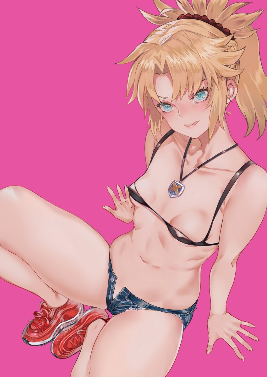 1girls, absurdres, aqua eyes, bangs, bare shoulders, bikini, black bikini, blonde hair, blush, braid, breasts, collarbone, denim, denim shorts, fate (series), fate/apocrypha, female, female only, flat chest, highres, jewelry, mordred (fate), small breasts, solo, tokopi, unzipped