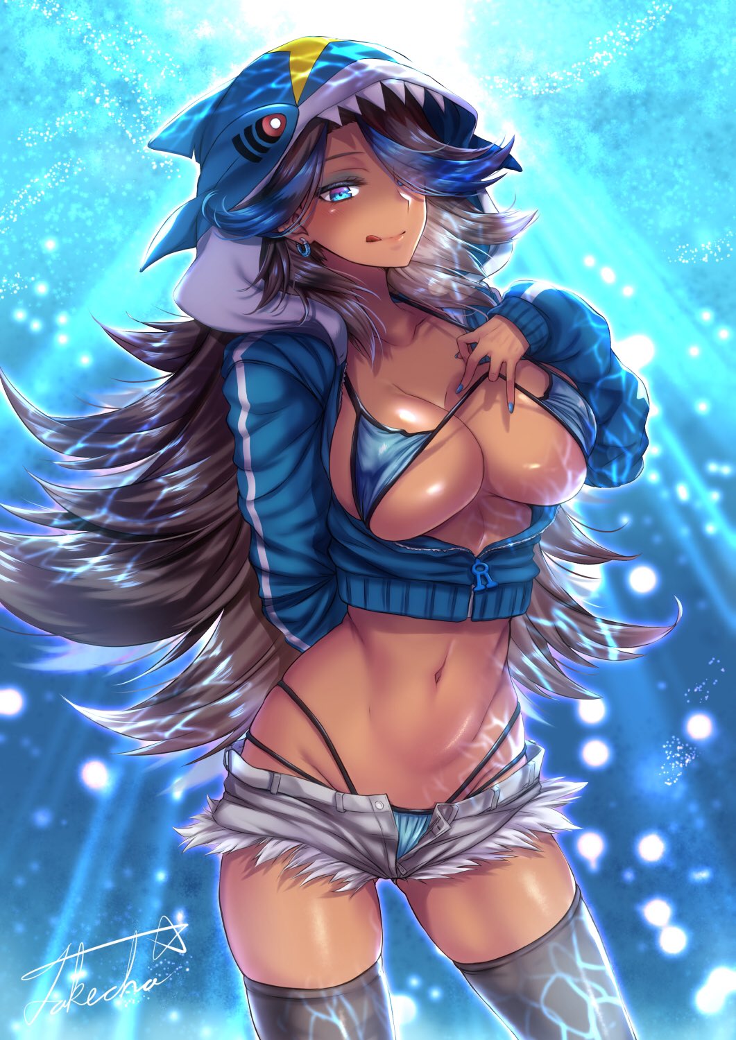 1girls :p black_hair black_thong blue_eyes blue_hair blue_highlights blue_nails blue_theme cosplay dark-skinned_female dark_skin eye_contact eyeshadow female game_freak hair_over_one_eye human large_breasts licking_lips long_hair looking_at_viewer micro_bikini minishorts nail_polish nintendo pokemon pokemon_(cosplay) pokemon_oras sharpedo_(cosplay) shelly_(pokemon) shelly_(pokemon_oras) silvina_(pokémon) solo takecha team_aqua thighhighs thong two_tone_hair