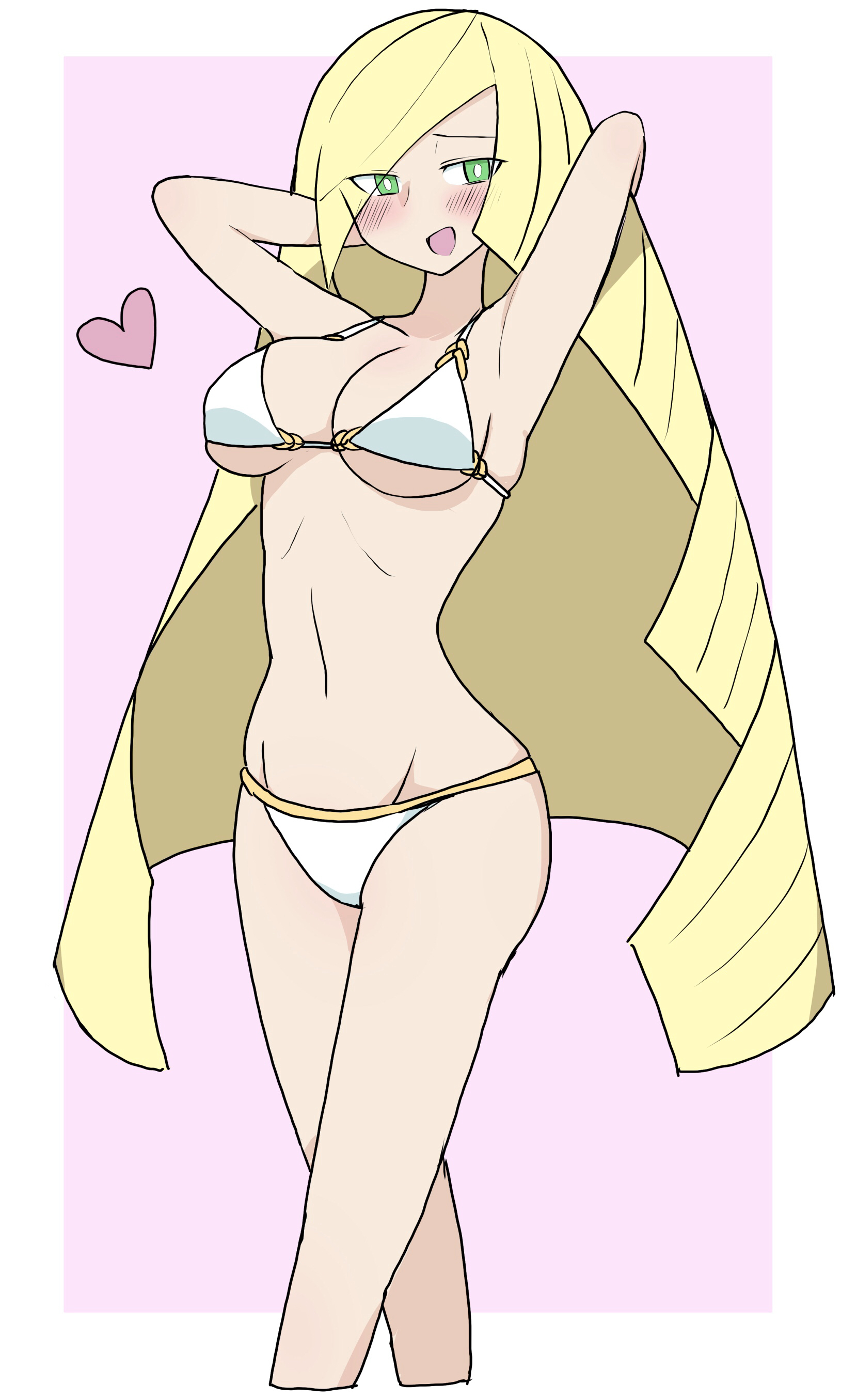 1girls, 2020, absurd res, armpits, arms behind head, arms up, bikini, blonde hair, breasts, cleavage, eyes visible through hair, female, female only, green eyes, heart, highres, human, human only, large breasts, long hair, lusamine (pokemon), milf, navel, nintendo, open mouth, pink background, pokemon, pokemon sm, pose, simple background, smile, solo, standing, swimsuit, thighs, very long hair, white bikini, white border, white-stew