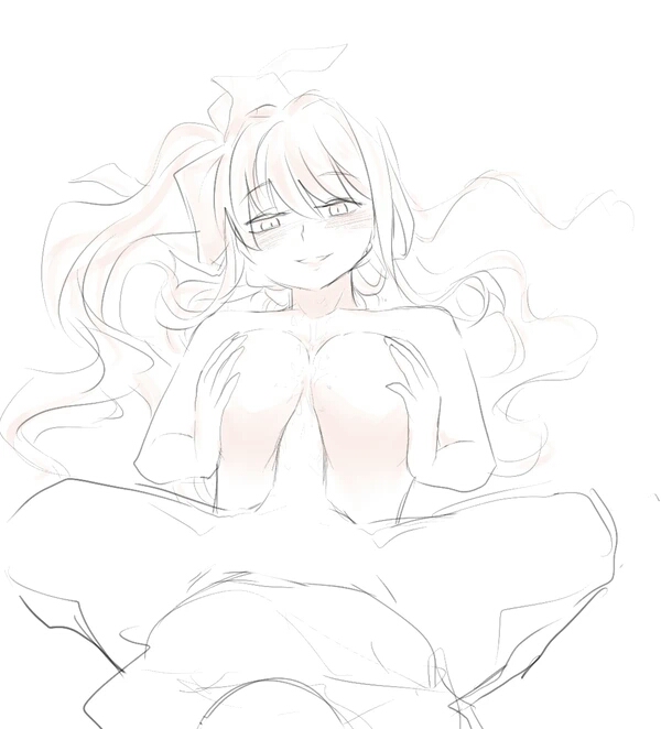 1boy, 1girls, bed, between breasts, breasts, cum, cum between breasts, cum in breasts, cumming, doki doki literature club, female, holding breasts, in bed, long hair, lying down, lying on back, lying on bed, male, monika (doki doki literature club), no color, outercourse, paizuri, ponytail, pov, ribbon, sitting, sketch, smile, tied hair