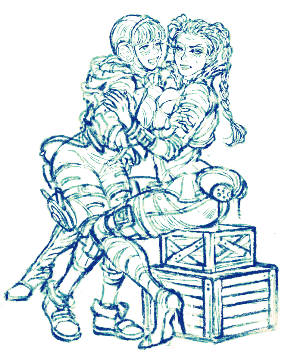 2d, 2girls, apex legends, brazilian, breast squish, breasts, breasts to breasts, female, hd mmk, loba (apex legends), wattson (apex legends), yuri