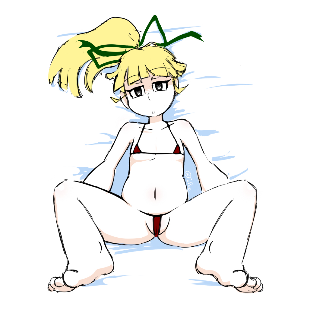 1girls, android, barefoot, bed, belly, bikini, black eyes, blonde hair, bra, breasts, clothed, eyebrows, feet, female, fupoo, green ribbons, hair ribbon, long hair, lying, mega man, mega man (classic), on back, panties, ponytail, pussy, ribbon, robot, robot girl, roll, solo, swimsuit, tied hair, toes, video games