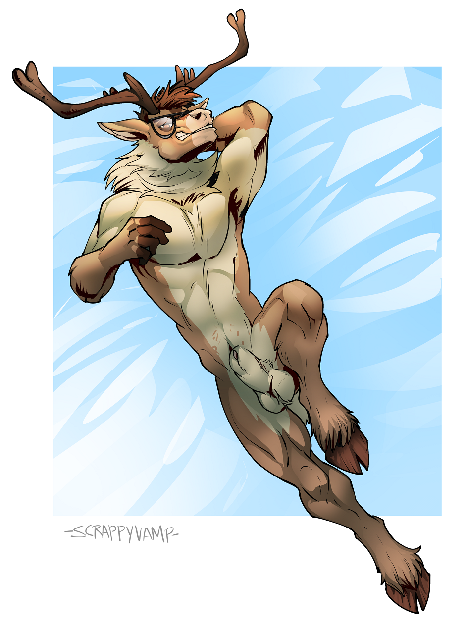 animal_genitalia anthro armpit_hair body_hair capreoline cervid genitals hi_res hooves male male_only mammal muscular pose raiz reindeer scrappyvamp sheath smile smirk solo