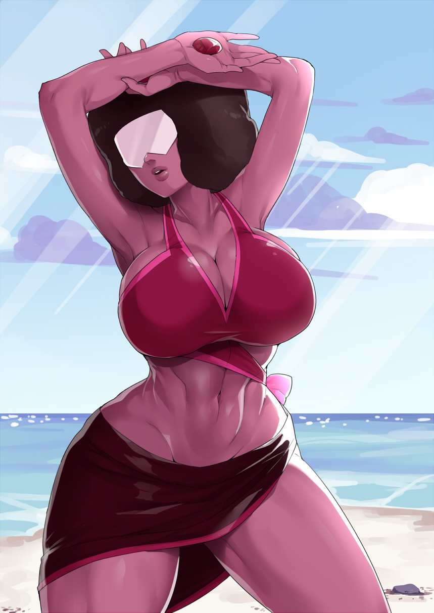 1girls, afro, arms up, beach, big breasts, big thighs, breasts, cleavage, female, garnet (steven universe), gem (species), gem fusion, midriff, mogiki hayami, navel, pink-tinted eyewear, sky, solo, steven universe, sunglasses, thighs, tinted eyewear, toned, visor