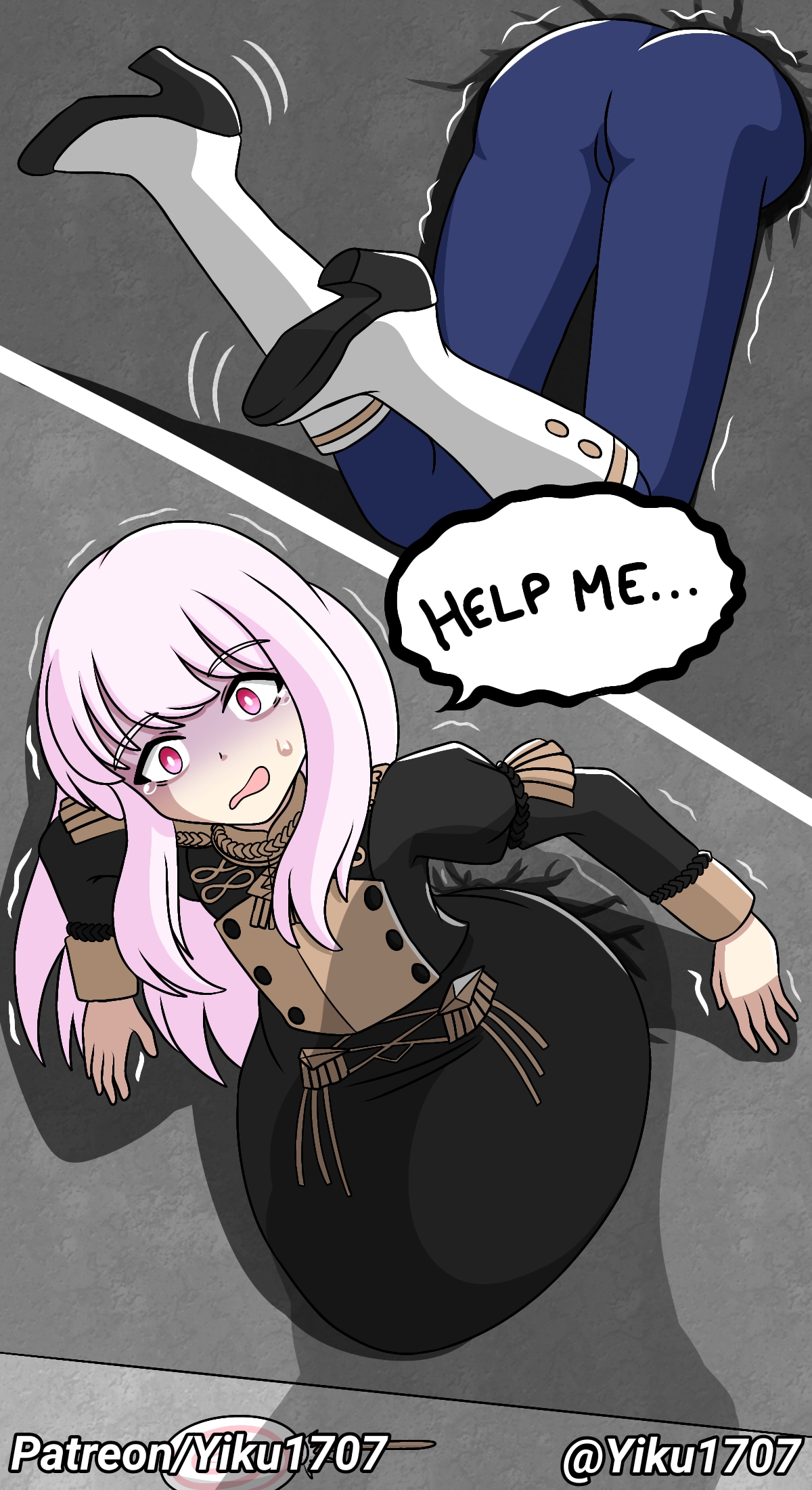 1girls, ass, comic, dialogue, english text, female, fire emblem, fire emblem: three houses, lollipop, lysithea von ordelia, restrained, school uniform, speech bubble, stuck, stuck in wall, tears, text, yiku1707