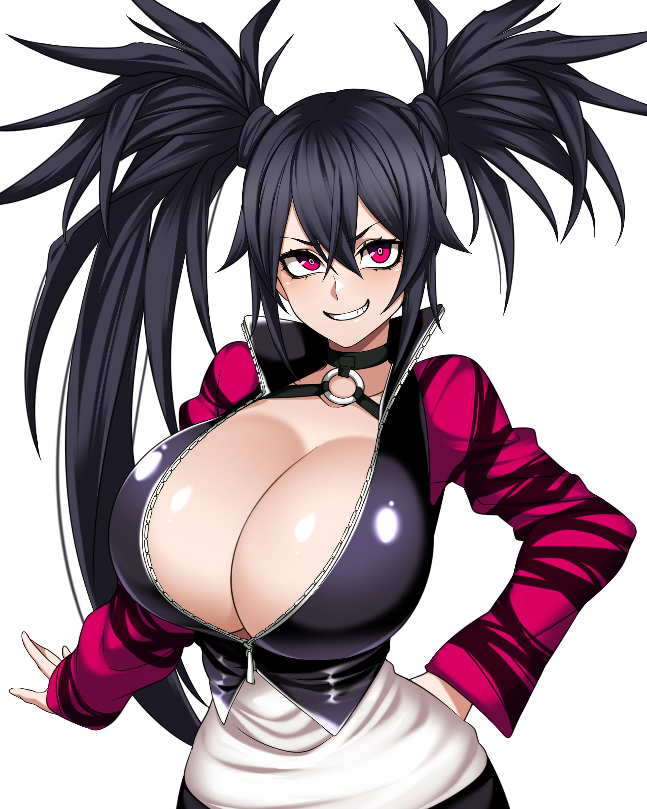 1girls, big breasts, black hair, breasts, camui kamui (hz 666v), choker, cleavage, dark hair, female, female only, goth, goth girl, gothic, grin, happy, huge breasts, jacket, large breasts, light skin, light-skinned female, magenta eyes, original, pigtails, punk, red eyes, smile, solo, spiked hair, tagme, thin, thin waist, twintails, unzipped