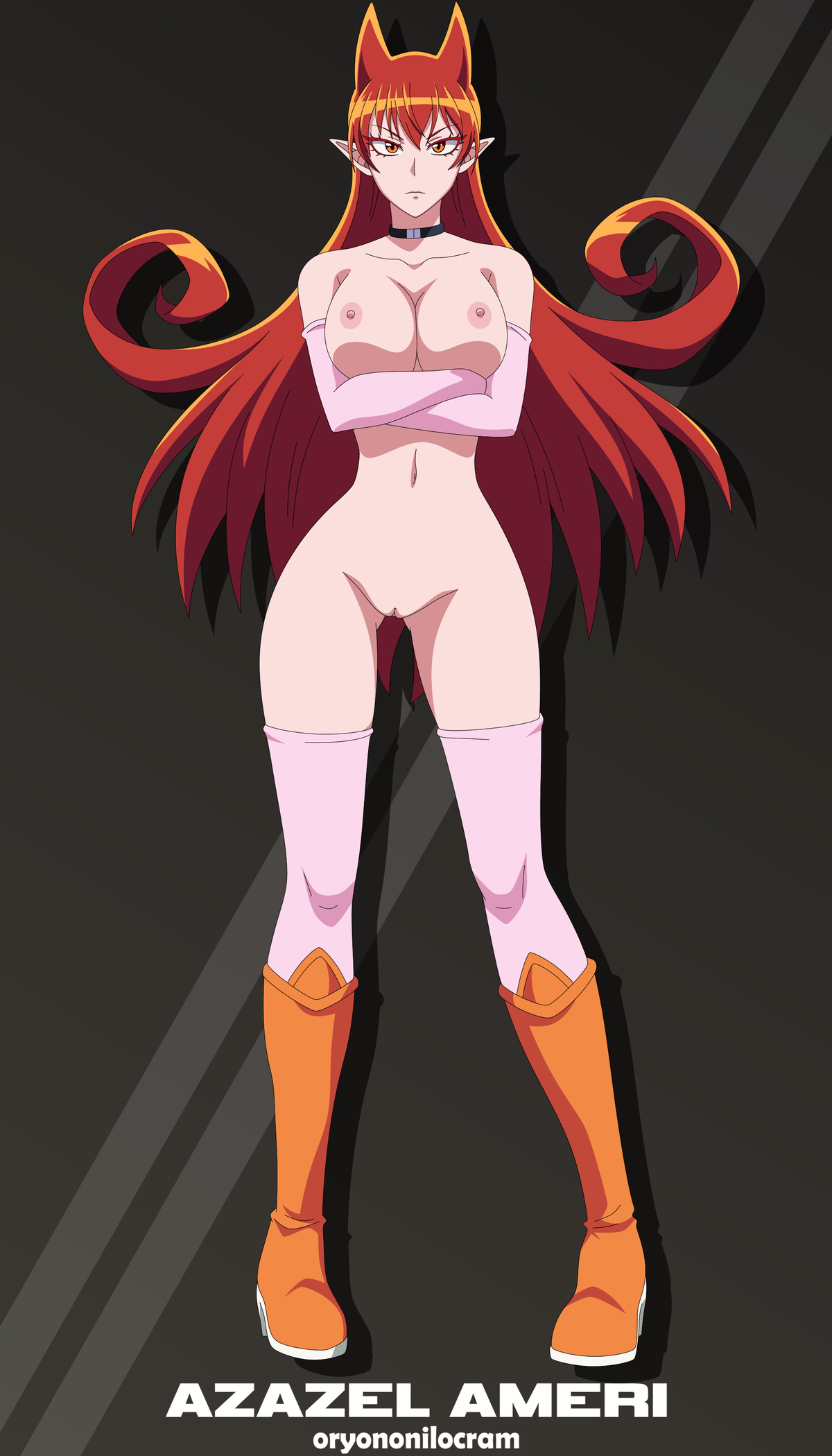 azazel ameri, big breasts, boots, breasts, collar, female, high resolution, humanoid, long hair, looking at viewer, mairimashita! iruma-kun, naked footwear, nude filter, oryononilocram, pink armwear, pink legwear, pointed ears, pointy ears, pussy, red boots, red eyes, red hair, third-party edit, vagina