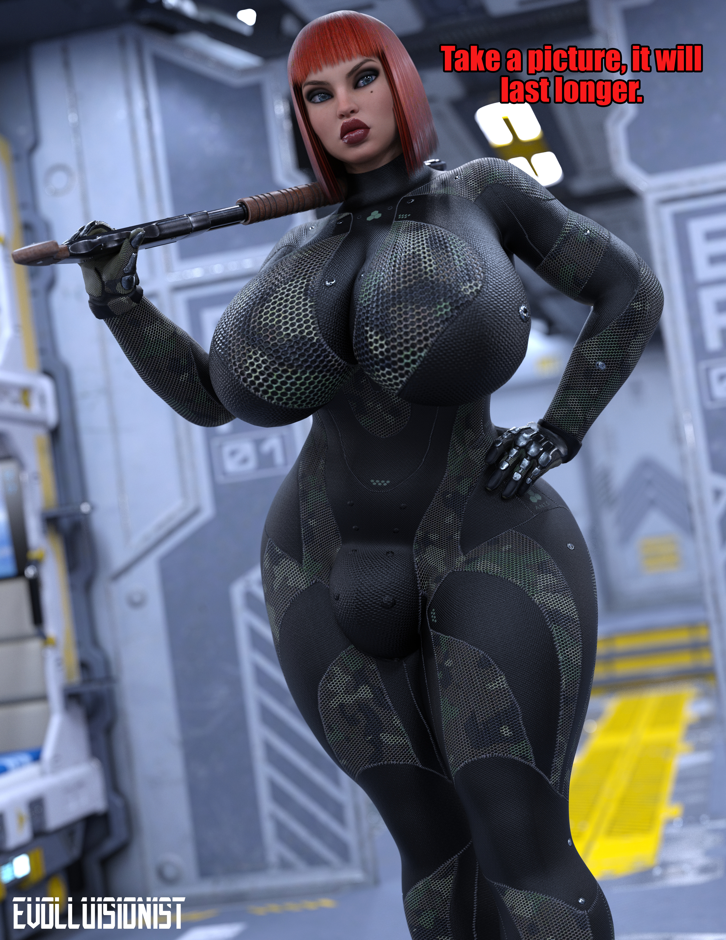 1futa, 3d, bodysuit, breasts, bulge, carmen hardon (rampage0118), evolluisionist, futa only, futanari, intersex, large breasts, lipstick, makeup