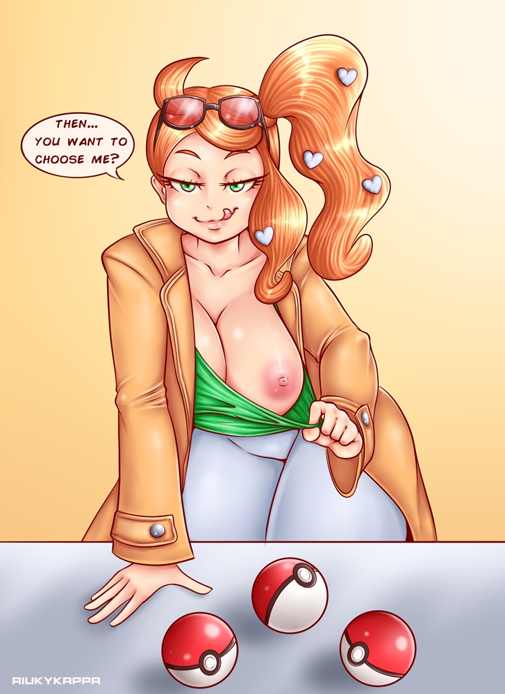 1girls, alternate breast size, areolae, big breasts, breasts, eye contact, female, glasses, green eyes, heart, large breasts, light skin, light-skinned female, looking at viewer, nintendo, nipples, orange hair, pale skin, pale-skinned female, pokeball, pokemon, pokemon ss, ponytail, presenting, presenting breasts, riukykappa, sonia (pokemon), speech bubble, sunglasses on head, sweater, text