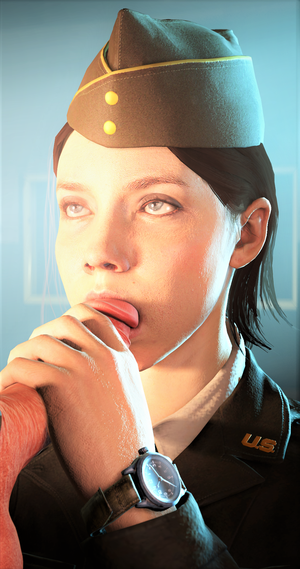 1boy 1girls 3d akatomasu blowjob blue_eyes brown_hair call_of_duty call_of_duty_ww2 clothed_female corporal_green female_focus focus_on_human garrison_cap hand_on_penis handjob human light-skinned_female light-skinned_male light_skin military_uniform oral penis_in_mouth watch wristwatch