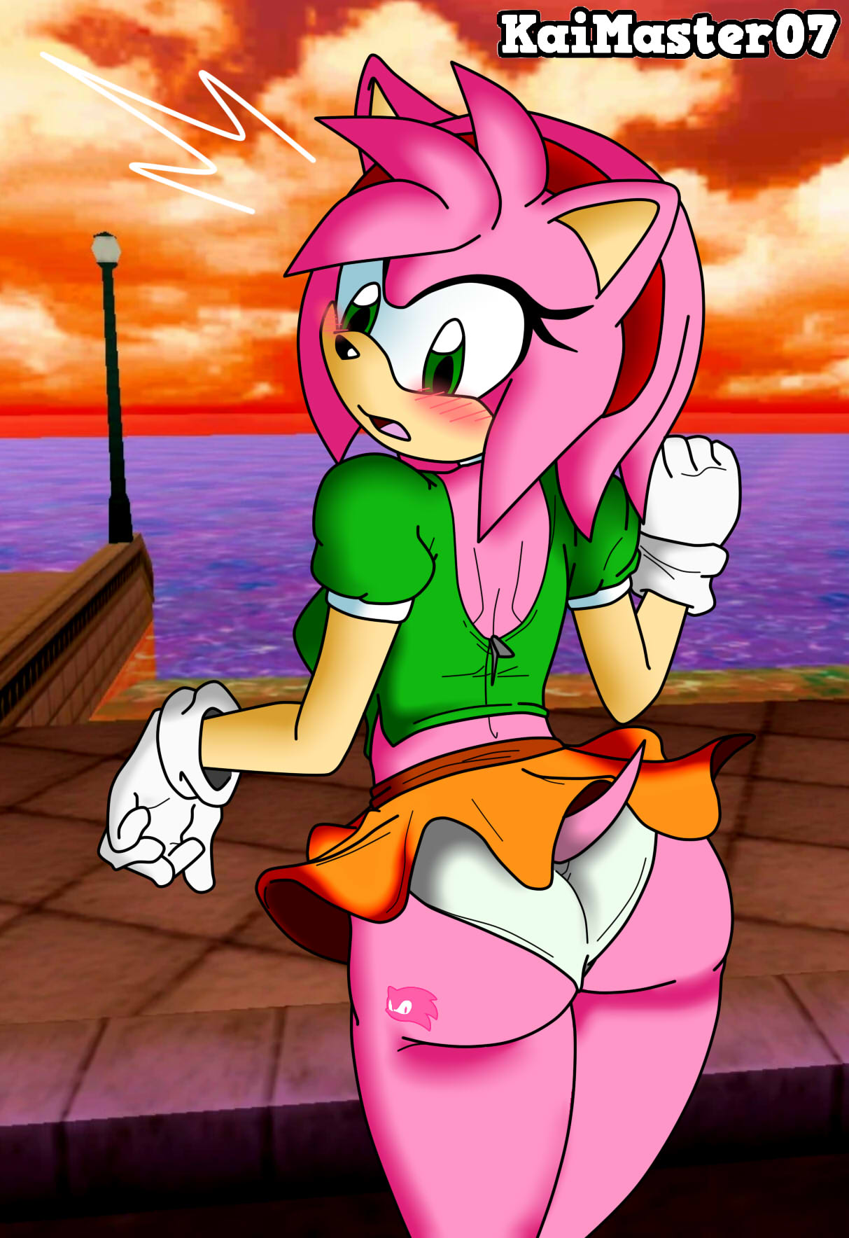 amy_rose anthro big_ass big_butt blush bubble_ass bubble_butt exhibition exhibitionism female flame-lonewolf hedgehog mammal mammal_humanoid solo_female sonic_(series) sonic_team sonic_the_hedgehog_(series) station_square surprised tattoo thekaimaster07 tight_clothes tight_clothing tight_shirt tight_underwear