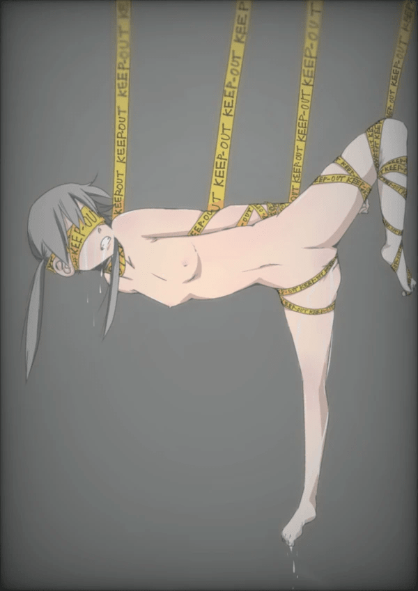 asphyxiation blindfold bondage brown_hair caution_tape cum cum_in_pussy cum_inside cum_leaking dangling_legs hanged maka_albarn nipples partially_visible_vulva police_tape rope_bondage small_breasts soul_eater suspension tagme_(artist) tape_bondage twintails