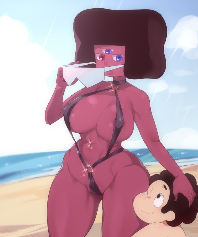 :3, 1boy, 1girls, 3 eyes, beach, big breasts, big thighs, breasts, choker, cleavage, cute, eyewear removed, female, garnet (steven universe), gem (species), gem fusion, hand on another's head, hug, male, mogiki hayami, mother figure, multi eye, multicolored eyes, navel piercing, o-ring bikini, skimpy bikini, sparkle, sparkles, standing, steven quartz universe, steven universe, sunglasses, sunglasses removed, thighs