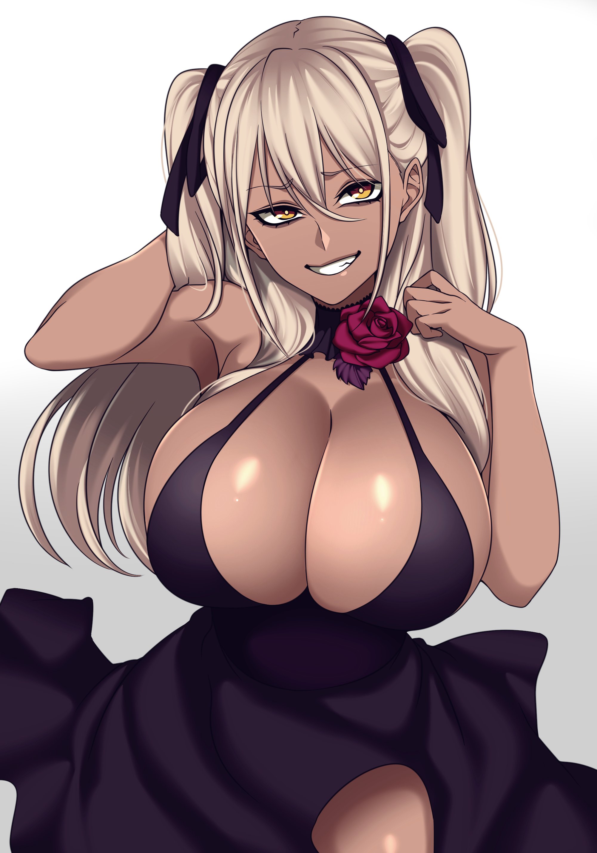 1girls, armpits, big breasts, black skin, blonde hair, breasts, camui kamui (hz 666v), cleavage, clothed, dark skin, dark-skinned female, dress, female, female only, glistening, glistening body, glistening skin, grin, gyaru, huge breasts, large breasts, original, pigtails, rose, seductive, seductive eyes, seductive look, seductive smile, skirt, sleeveless, sleeveless shirt, solo, top heavy, voluptuous, yellow eyes