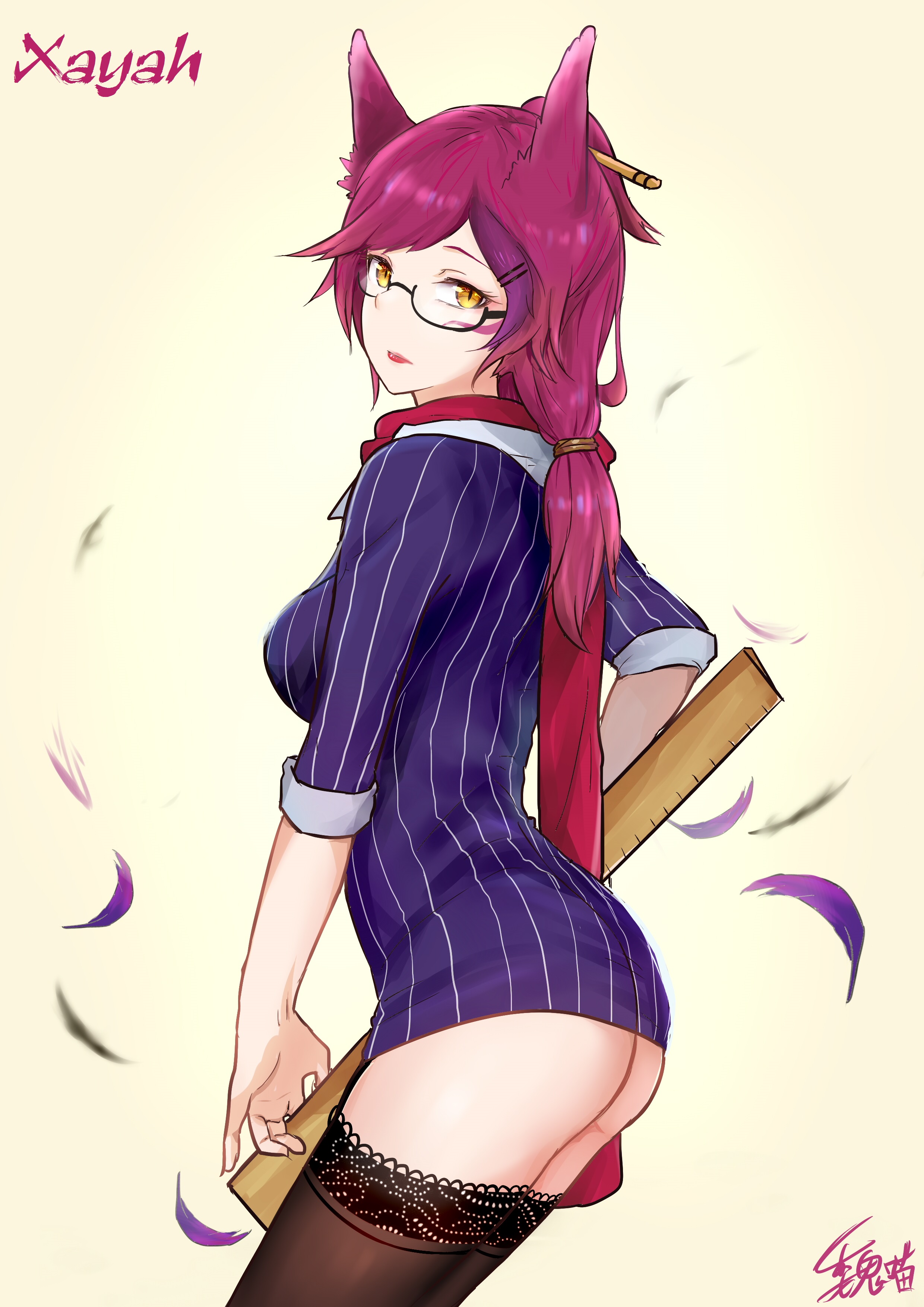 1girls, animal ear, clothed, cosplay, facepaint, female, glasses, headmistress, league of legends, makeup, red fur, red lipstick, riot games, ruler, socks, xayah, yellow eyes