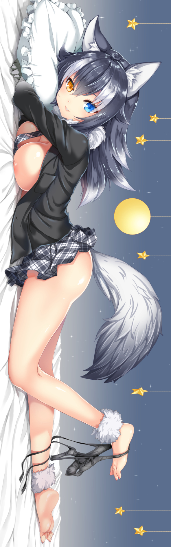 10s animal_ears bangs bare_legs barefoot black_hair black_jacket black_neckwear black_panties black_skirt blue_eyes dakimakura female fur_collar fur_trim gloves grey_wolf_(kemono_friends) hair_between_eyes heterochromia highres honeyshibi jacket kemono_friends long_hair long_sleeves looking_at_viewer lying miniskirt multicolored_hair necktie on_stomach panties panty_pull pillow plaid plaid_skirt shibi skirt smile solo star_(symbol) tail toes two-tone_hair underwear white_gloves white_hair wolf_ears wolf_tail yellow_eyes