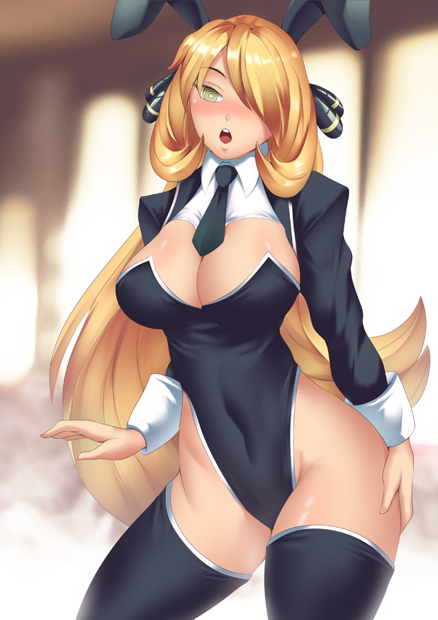 adapted costume, alternate breast size, alternate costume, blonde hair, blouse, brainwashed, brainwashing, breasts, bunny ears, bunny girl, bunnysuit, cleavage, collared blouse, collared shirt, cynthia (pokemon), dress shirt, eyes, eyes open, female, female only, formal, haryudanto, huge breasts, human, human only, hypnosis, hypnotized, large breasts, long hair, mature female, mind control, nintendo, pokemon, pokemon dppt, shirt, solo, solo female, solo focus, spiral eyes, wing collar, yellow eyes