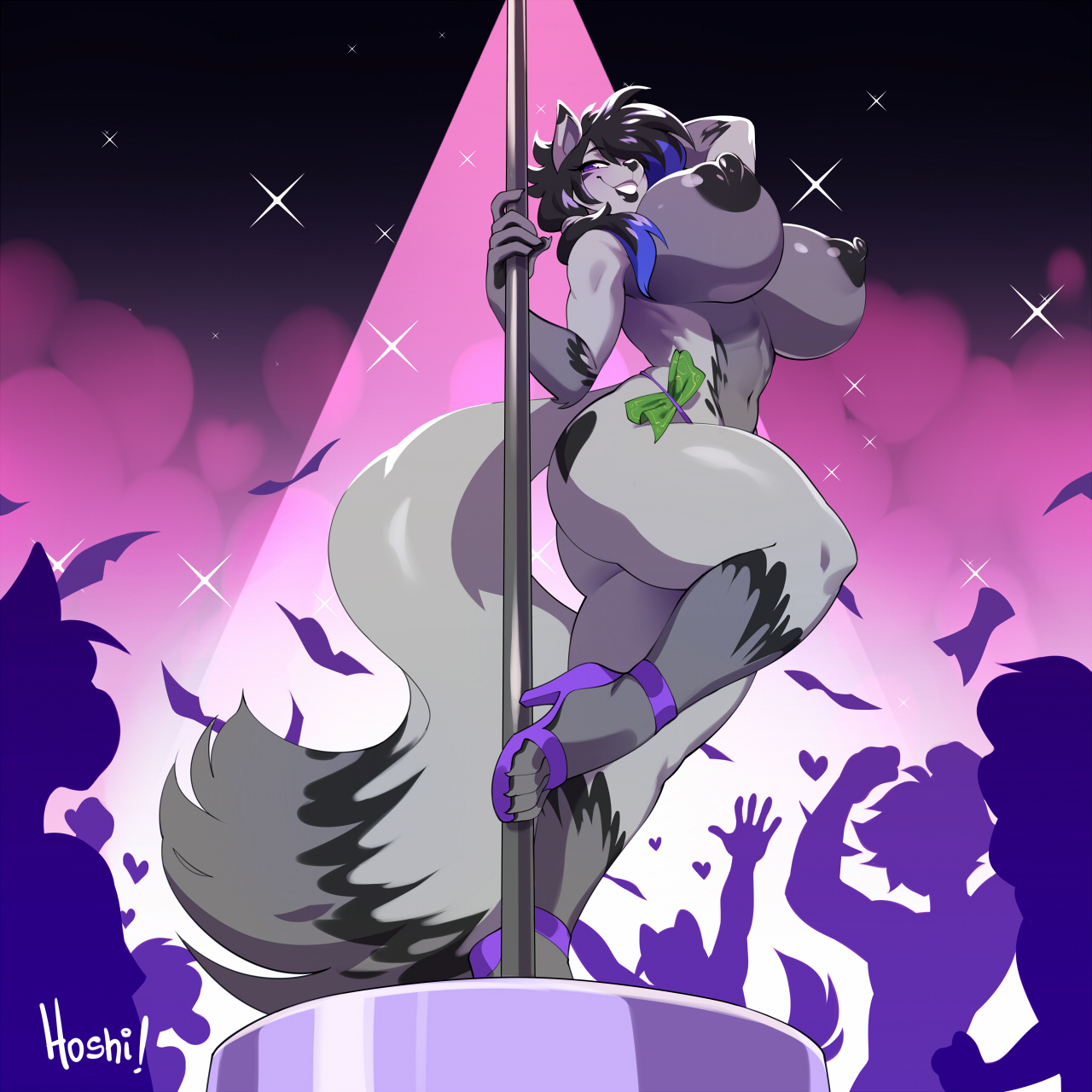 1girls, 4 toes, 5 fingers, anthro, areola, areolae, big breasts, black areola, breasts, breasts bigger than head, erect nipples, female, full body, furry, high heels, huge breasts, low-angle view, nedoiko, nipples, purple eyes, purple high heels, solo focus, stripper pole, thick thighs, wide hips, zenocoyote (oc)