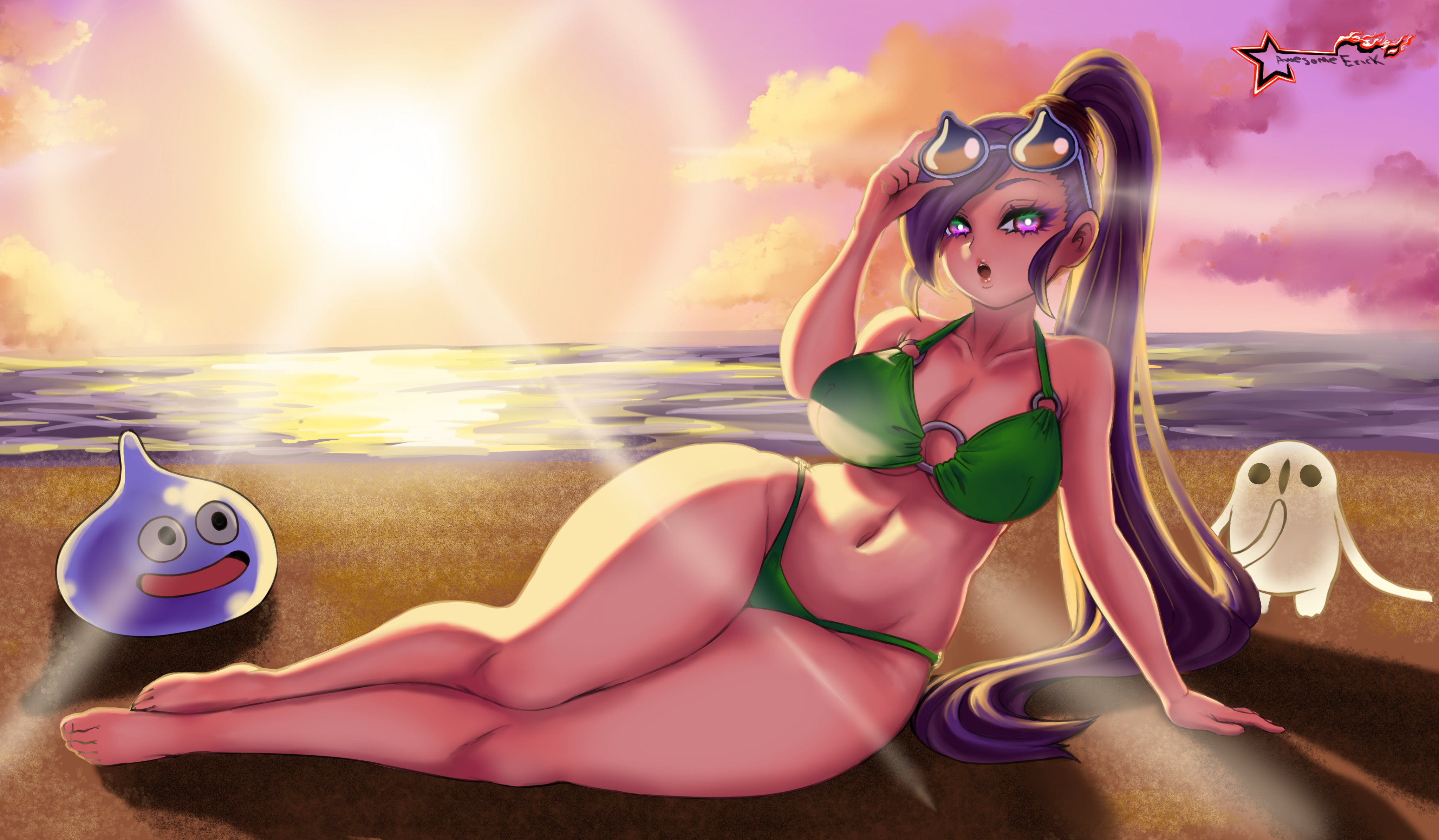 awesomeerix, big breasts, breasts, dragon quest, dragon quest xi, female, female only, glasses, jade (dq11), large breasts, long hair, purple eyes, purple hair, solo, solo female, solo focus, swimsuit