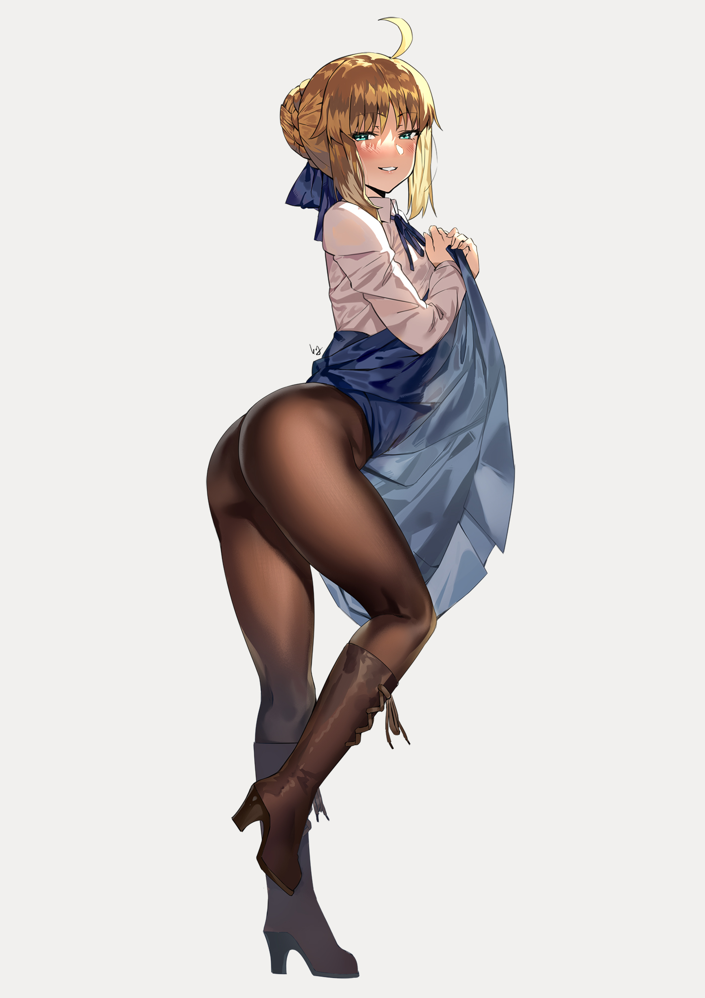 1girls, ahoge, artoria pendragon, ass, black legwear, blonde hair, blue ribbon, club3, dress lift, fate (series), fate/stay night, female, female only, fully clothed, green eyes, hair ribbon, high heels, looking at viewer, nanaya (daaijianglin), naughty face, pantyhose, ribbon, saber, seductive, seductive smile, simple background, skirt, skirt lift, solo, standing, standing on one leg, thick thighs