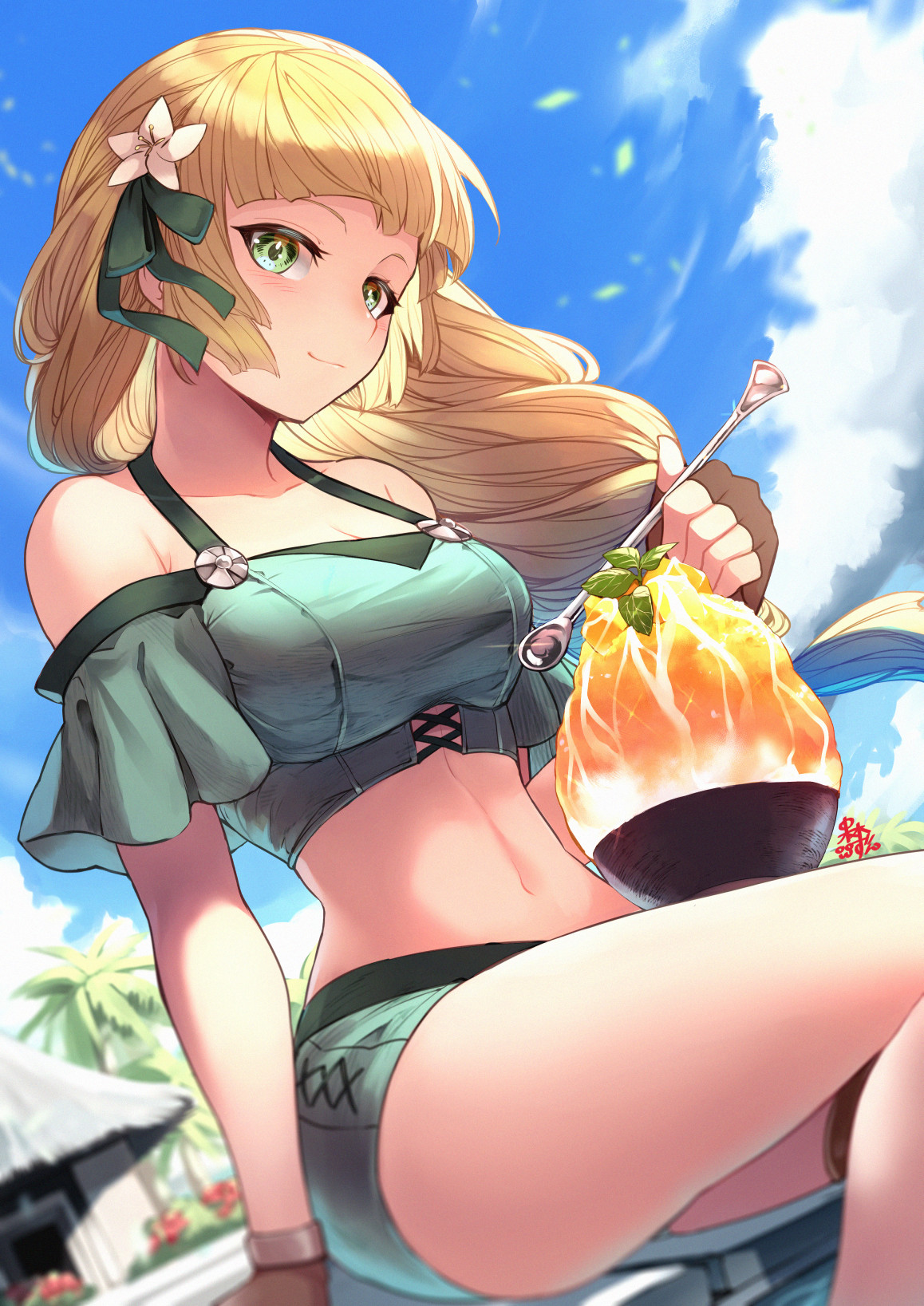 1girls, bare legs, bare midriff, bare shoulders, bare thighs, belly, bikini, blonde hair, blue sky, blush, blushing, eating, female, female only, fire emblem, fire emblem heroes, fire emblem: three houses, flower, flower in hair, green bikini, green eyes, green swimsuit, human, human only, ice cream, ingrid brandl galatea, ingrid brandl galatea (summer), light skin, light-skinned female, long hair, looking at viewer, midriff, navel, nintendo, sitting, sky, smile, smiling, smiling at viewer, solo, solo female, spoon, stomach, swimsuit, thighs, wholesome, zunbayasi