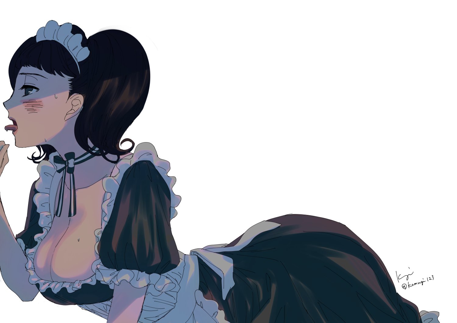 ass, becky (persona), big ass, blush, breasts, cleavage, fellatio gesture, female, huge breasts, komugi123, maid, persona, persona 5, sadayo kawakami, tongue, tongue out, twintails